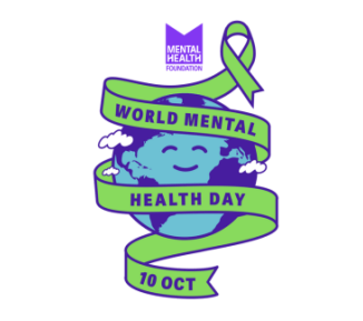 An illustration of a globe with a smiling face. Wrapped around it is a green ribbon with text on it reading World Mental Health Day 10 Oct. At the top is the Mental Health Foundation logo