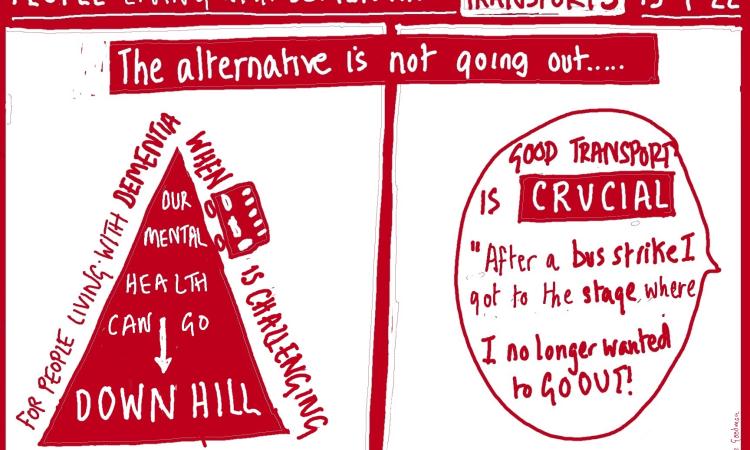 Illustrations of experiences of people living with dementia and transport.