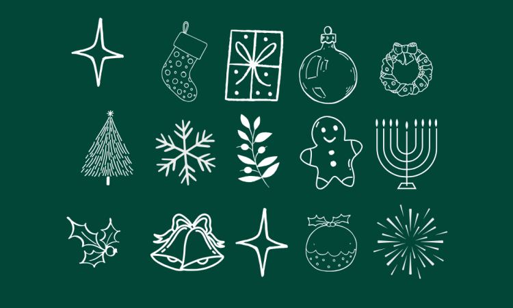 Sketches of the festive holiday symbols on a green background