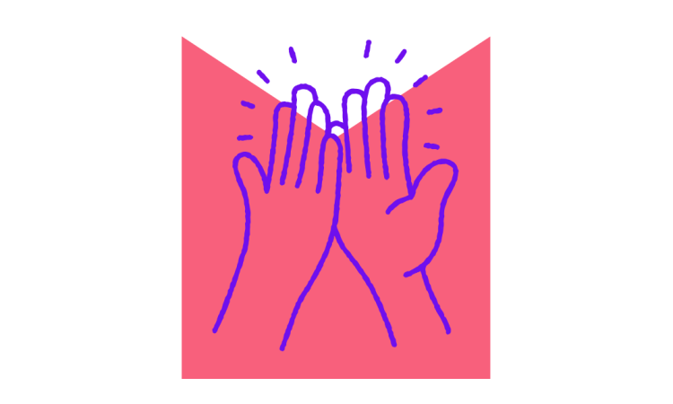 Drawing of two hands close to touching over an M shaped graphic