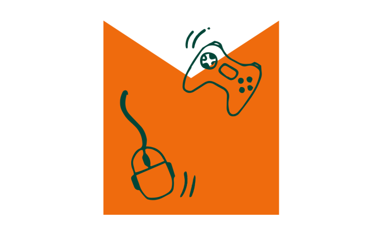 A sketch of a computer mouse and a PlayStation controller, on an orange M shaped graphic